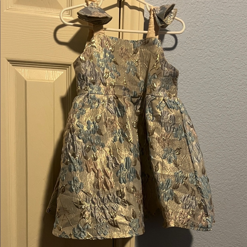 SHEIN Blue and Pink Floral Brocade Dress